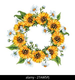 Illustration à l'aquarelle d'un cadre d'une couronne de tournesols jaunes et de marguerites blanches. Festival de la récolte. La frontière est isolée. Compositions pour poteau Banque D'Images