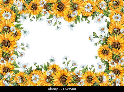 Illustration à l'aquarelle d'un cadre rectangulaire de tournesols jaunes et de marguerites blanches. Festival de la récolte. Bordure de haut en bas isolée. Compositi Banque D'Images