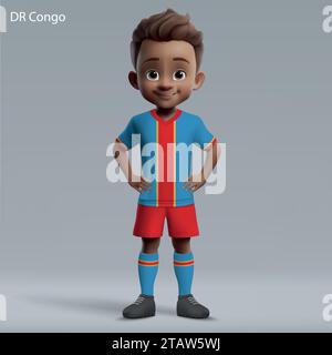 Dessin animé 3d mignon jeune joueur de football dans le kit de l'équipe nationale de la RD Congo. Maillot de l'équipe de football Illustration de Vecteur