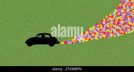 VW Volkswagen Beetle avec des fleurs au lieu de la fumée sortant du silencieux, symbole de l'énergie propre, graphique, illustration Banque D'Images