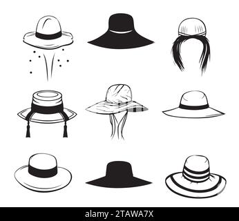 Collection vintage Summer Hats pour femme élégante, femme et dames. Ensemble de mode rétro. Style anglais. Dessiné à la main Illustration de Vecteur