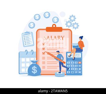 Concept de salaire, travailleur regardant son salaire sur le téléphone portable et travailleur masculin debout avec presse-papiers, pile de pièces et calculatrice, vecteur plat moderne i Illustration de Vecteur