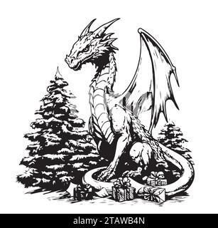 Dragon assis près de l'arbre de Noël. Illustration vectorielle Illustration de Vecteur