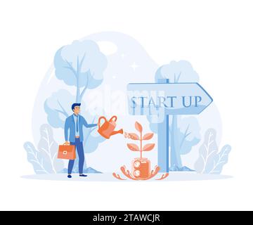 Démarrer un concept de croissance d'entreprise verte. Main humaine avec peut arroser un arbre avec panneau de signe «Start up», illustration moderne vectorielle plate Illustration de Vecteur