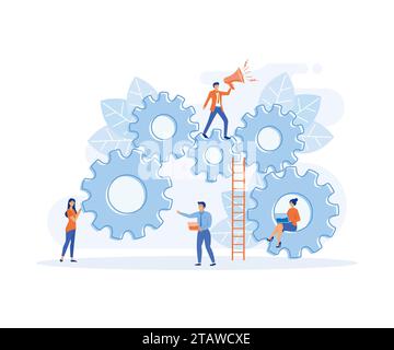 Transformation numérique, employé d'homme d'affaires travaillant avec un ordinateur portable sur Gears. illustration moderne vectorielle plate Illustration de Vecteur
