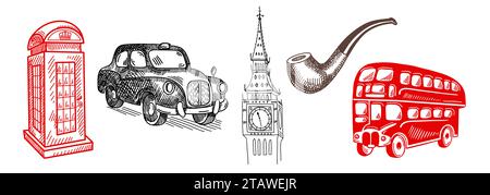 Ensemble de grands symboles de Londres - Big Ben, téléphone, bus à impériale, taxi noir Illustration de Vecteur