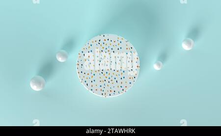 vue de dessus 3d d'un stand de terrazzo sur couleur pastel et boules blanches Banque D'Images
