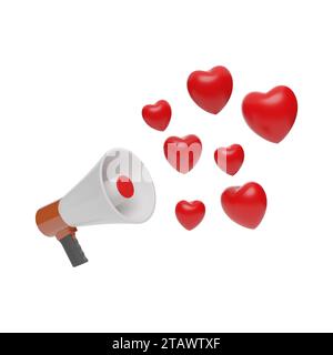 Mégaphone avec des coeurs rouges isolé sur fond blanc. illustration 3d. Banque D'Images