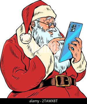 Envoi de Noël à vos amis et à votre famille avec félicitations. Le Père Noël tient un téléphone et fera défiler le flux vers le bas. Publicité électronique dans Illustration de Vecteur