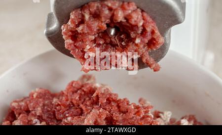 Gros plan de viande de bœuf hachée rouge sortant du hachoir électrique et tombant sur l'assiette. Cuisiner à la maison, appareil de cuisine, alimentation saine, hamburger Banque D'Images