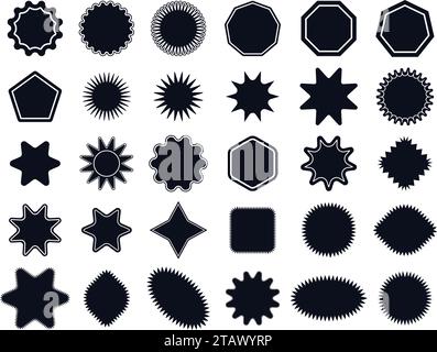 Jeu de vecteurs d'autocollants Star Burst. Étiquettes de prix plates noires silhouettes d'explosion, étiquette vierge d'étoile, emblème d'autocollants. Conception vectorielle d'illustration de symbole de brillance Illustration de Vecteur