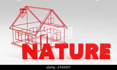 Nature Blueprint Une Illustration conceptuelle 3D d'un rendu 3D simple Red Wireframe House Banque D'Images