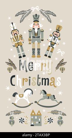 Joyeux Noël Nutcrackers Vector bannière sur fond clair. Carte postale. Chevaux à bascule enfantins. Illustration du nouvel an. Illustration de Vecteur