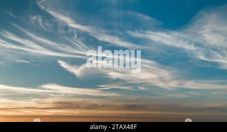 Formation de nuages de queue Cirrus Uncinus Mares à haute altitude au coucher du soleil au-dessus du Solent UK Banque D'Images