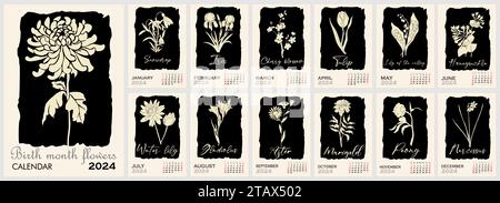 Modèle de calendrier floral pour 2024 dessins vectoriels Illustration de Vecteur