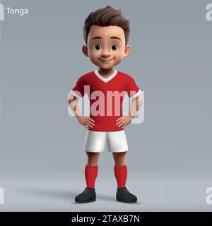 Dessin animé 3d mignon jeune joueur de rugby dans le kit de l'équipe nationale des Tonga. Maillot de l'équipe de rugby Illustration de Vecteur