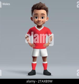 Dessin animé 3d mignon jeune joueur de rugby dans le kit de l'équipe nationale du pays de Galles. Maillot de l'équipe de rugby Illustration de Vecteur