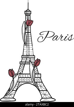 Tour Eiffel avec des fleurs de tulipe. Illustration vectorielle, dessin au trait isolé. Illustration de Vecteur