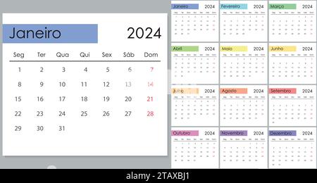 Calendrier 2024 sur la langue portugaise, la semaine commence le lundi. Modèle vectoriel Illustration de Vecteur
