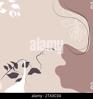 Femme d'art de ligne Doodle avec des formes abstraites et des éléments floraux.Abstract délicat design féminin minimaliste pour imprimer, post de médias sociaux, couverture, packag Illustration de Vecteur