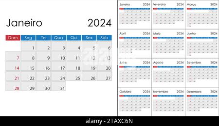 Calendrier 2024 sur la langue portugaise, la semaine commence le dimanche. Modèle vectoriel Illustration de Vecteur