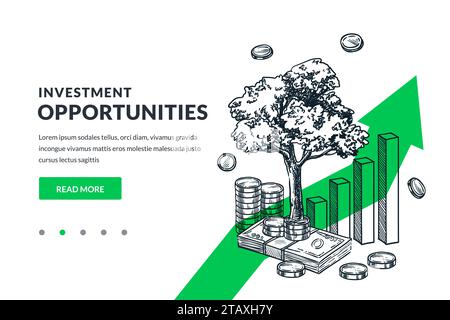 Investissement, économiser de l'argent et financer le concept d'entreprise de croissance. Arbre croissant sur des pièces de monnaie sur fond de flèche verte. Illustration d'esquisse vectorielle dessinée à la main. Illustration de Vecteur