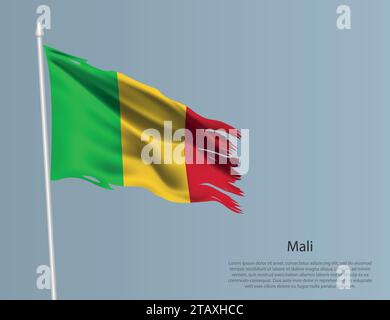 Drapeau national déchiré du Mali. Tissu déchiré ondulé sur fond bleu. Illustration vectorielle réaliste Illustration de Vecteur
