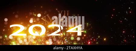 2024 nouvel an arrière-plan avec texte lumineux et horloge montrant minuit. Conception de bannière Web. Illustration de rendu 3D. Banque D'Images