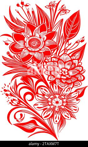 contour graphique rouge dessin d'un bouquet de fleurs sur fond blanc, dessin Banque D'Images