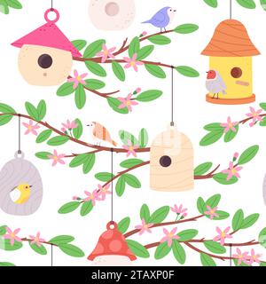 Modèle sans couture Birdhouse. L'oiseau de bande dessinée abrite des mangeoires en bois, fabriquées maison sur des branches en fleurs et des oiseaux mignons. Imprimé vectoriel racé Illustration de Vecteur