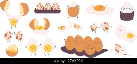 Personnages d'œufs drôles de dessin animé. Œuf mignon cru, bouilli et frit, dans le paquet de carton et avec coquille fissurée. Éléments alimentaires pour enfants, ensemble positif vecteur racé Illustration de Vecteur