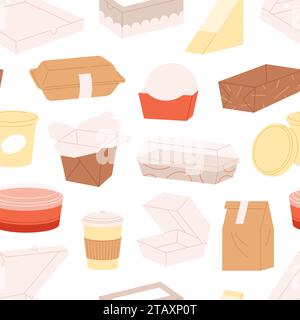 Fond de boîtes alimentaires en carton. Service de livraison, café café et repas à emporter. Tasses et boîtes en papier et en plastique, modèle sans couture de vecteur racy Illustration de Vecteur