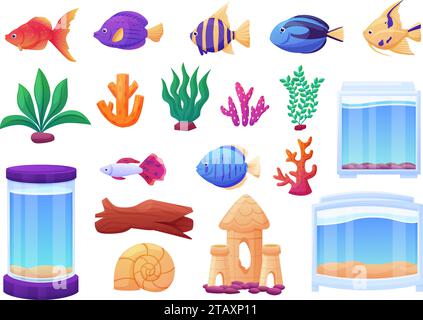 Aquarium sous-marin algues et poissons. Plantes marines marines de dessins animés, cubes décoratifs en verre et cylindre, coraux. Accessoires vectoriels NOWADY isolés Illustration de Vecteur
