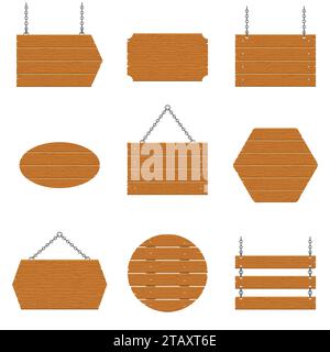 Enseignes en bois et planche de bois ensemble isolé sur fond blanc. Signes et symboles pour communiquer un message sur la rue, emblèmes de signes. Bannières Illustration de Vecteur