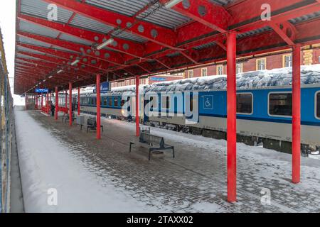 Trains électriques près de la plate-forme enneigée profonde à Veseli CZ 12 02 2023 Banque D'Images