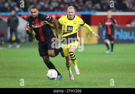 Leverkusen, Deutschland. 03 décembre 2023., Leverkusen, Deutschland, 03.12.2023, 1. Bundesliga, 13. Spieltag, Bayer 04 Leverkusen - Borussia Dortmund. LA RÉGLEMENTATION du LDF INTERDIT TOUTE UTILISATION DE PHOTOGRAPHIES COMME SÉQUENCES D'IMAGES ET/OU QUASI-VIDÉO crédit : Juergen Schwarz/Alamy Live News Banque D'Images