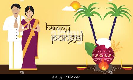 Happy Pongal souhaite illustration vectorielle de salutation. Le festival Thai Pongal est un festival hindou de récolte de plusieurs jours célébré par les Tamouls du monde entier Illustration de Vecteur