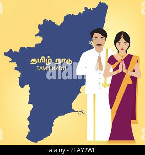 Couple tamoul traditionnel avec signe de bienvenue avec carte Tamil Nadu Illustration de Vecteur