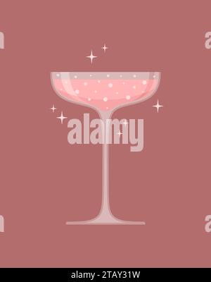 Coupe coupe coupe champagne avec vin mousseux rose sur un fond rouge pâle. Illustration vectorielle dans le style plat Illustration de Vecteur