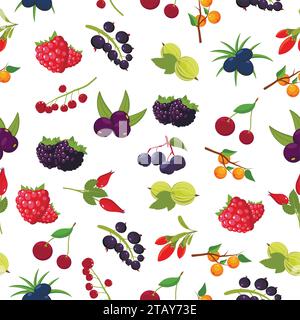 Motif sans couture de baies organiques naturelles avec groseille, cerise, framboises, rowan, groseille, dogrose, mûre, genévrier goji fond Illustration de Vecteur