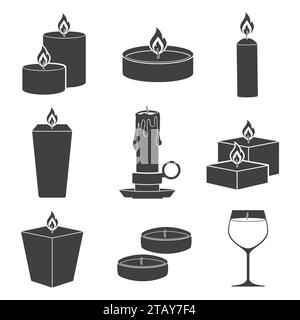 Réglez les icônes de bougies isolées sur fond blanc. Bougies allumées aromathérapie avec plante aromatique et huiles essentielles pour spa. Éléments pour la nouvelle année Illustration de Vecteur