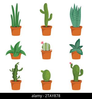 Ensemble de plantes d'intérieur de cactus dans des pots de fleurs. Icônes de cactus dans un style plat sur un fond blanc. Plantes succulentes. Illustration vectorielle Illustration de Vecteur