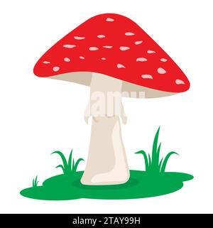 Champignons rouges de dessin animé sur l'herbe isolé sur fond blanc. Champignon toxique de la forêt. Amanita dans un style plat. Illustration vectorielle Illustration de Vecteur