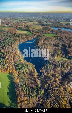 Luftbild, Naturschutzgebiet NSG Kirchheller Heide, Herbstwald mit Eisbachsee-Pfingstsee, umgeben von herbstlichen Laubbäumen, Kirchhellen-Nord-Ouest, Bottrop, Ruhrgebiet, Nordrhein-Westfalen, Deutschland ACHTUNGxMINDESTHONORARx60xEURO *** vue aérienne, réserve naturelle NSG Kirchheller Heide, forêt d'automne avec Eisbachsee Pfingstsee, entouré d'arbres caduques automnaux, Kirchhellen Nord Ouest, Bottrop, région de la Ruhr, Rhénanie du Nord-Westphalie, Allemagne ACHTUNGxMINDESTHONORARx60xEURO crédit : Imago/Alamy Live News Banque D'Images