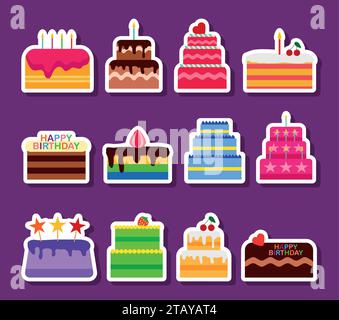 Jeu d'icônes d'autocollants de gâteaux de tarte vectoriels de mariage ou d'anniversaire. Gâteaux bonbons dessert boulangerie dans le style plat. Délicieux autocollants sur fond violet. Illustration de Vecteur