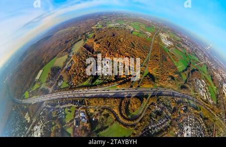 Luftbild, Autobahndreieck Bottrop, Autobahn A2 und Autobahn A31, Am Wald und Naturschutzgebiet Vöingholz, mit herbstlichen Laubbäumen, Erdkugel, Fisheye Aufnahme, Fischaugen Aufnahme, 360 Grad Aufnahme, monde minuscule, petite planète, fisheye Bild, Stadtwald, Bottrop, Ruhrgebiet, Nordrhein-Westfalen, Deutschland ACHTUNGxMINDESTHONORARx60xEURO *** vue aérienne, jonction d'autoroute Bottrop, autoroute A2 et autoroute A31, à la forêt et réserve naturelle Vöingholz, avec arbres caduques automnaux, globe terrestre, image fisheye, image fisheye, image fisheye, image 360 degrés, monde minuscule, petite planète, image fisheye, forêt de ville Banque D'Images