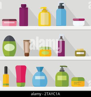 Modèle de bouteilles cosmétiques mis sur l'étagère witj ombre. Tubes et flacons cosmétiques. Crème, shampooing, gel, spray et savon. Illustration vectorielle Illustration de Vecteur