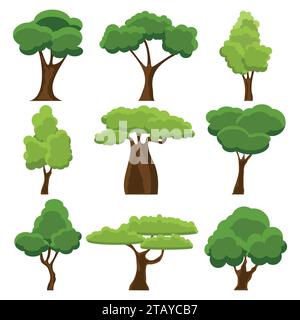 Ensemble d'arbres plats stylisés. Arbre vert de jardin de dessin animé. Environnement naturel forêt organique et parc. Arbres de printemps ou d'été. Illustration vectorielle Illustration de Vecteur