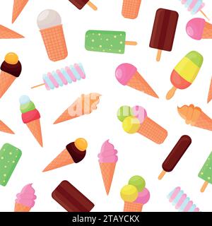 Motif sans couture coloré de crème glacée sur fond blanc. Récupérez les cornets de crème glacée et le popsicle. Aliments congelés doux et sucrés sur un bâton, à base de produits laitiers Illustration de Vecteur