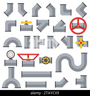 Détails tuyaux collecte tube eau connecteur de jonction. Différents types de construction de vanne de gaz d'industrie et technologie de pression industrielle d'huile Illustration de Vecteur